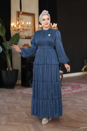 Tesettürlü Abiye Elbise - Kat Piliseli Lacivert Tesettür Abiye Elbise 52981L - 4