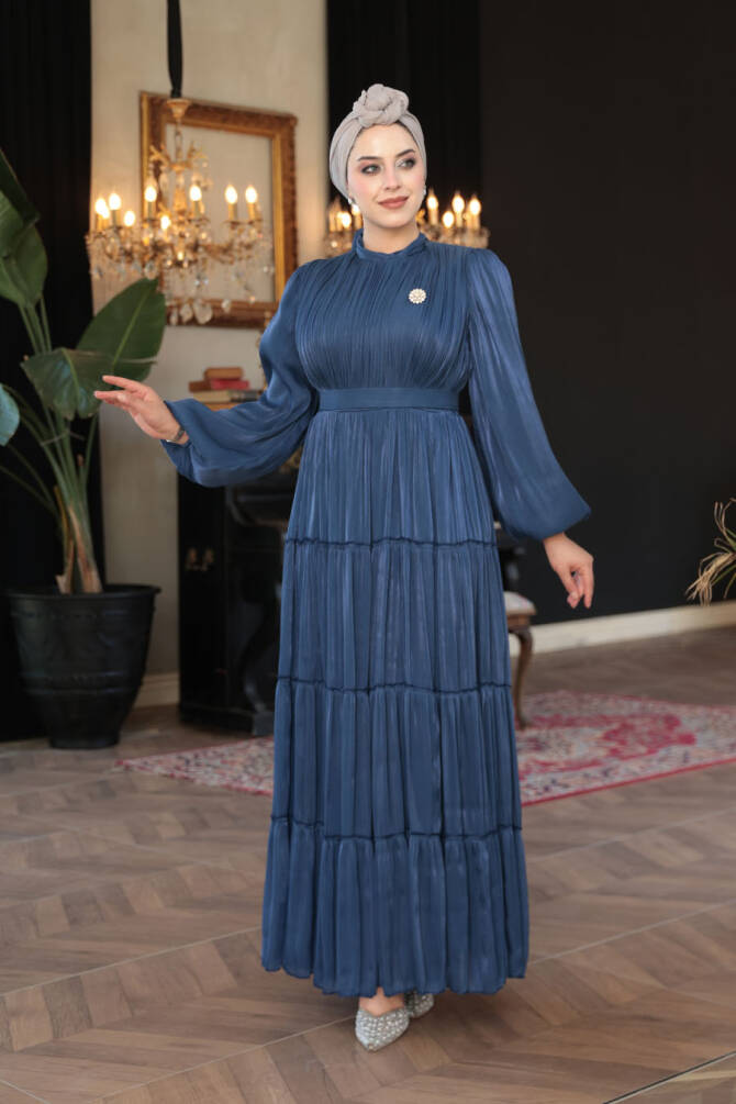 Tesettürlü Abiye Elbise - Kat Piliseli Lacivert Tesettür Abiye Elbise 52981L - 4