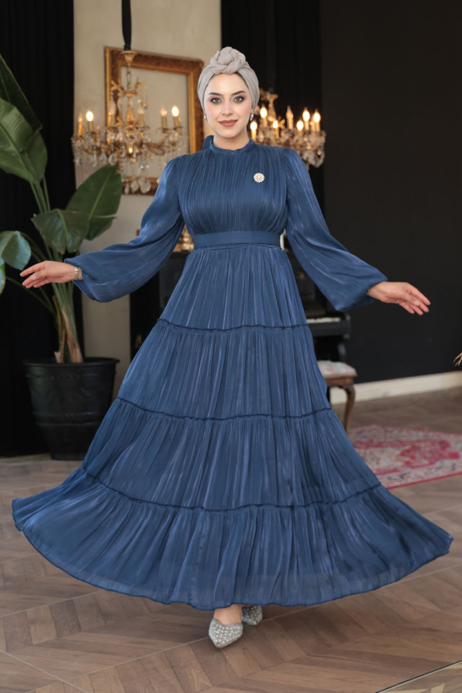 Tesettürlü Abiye Elbise - Kat Piliseli Lacivert Tesettür Abiye Elbise 52981L - N.S NEVA STYLE