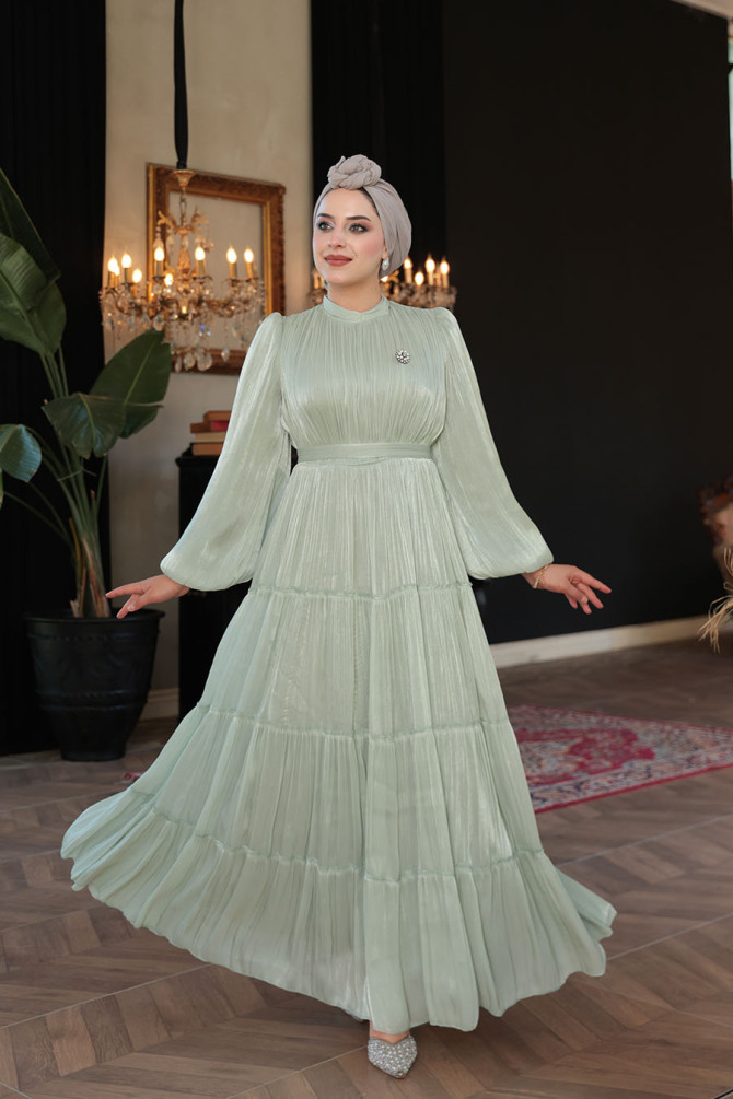 Tesettürlü Abiye Elbise - Kat Piliseli Mint Tesettür Abiye Elbise 52981MINT - 1