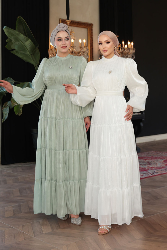 Tesettürlü Abiye Elbise - Kat Piliseli Mint Tesettür Abiye Elbise 52981MINT - 5