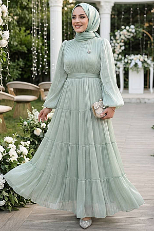 Tesettürlü Abiye Elbise - Kat Piliseli Mint Tesettür Abiye Elbise 52981MINT 