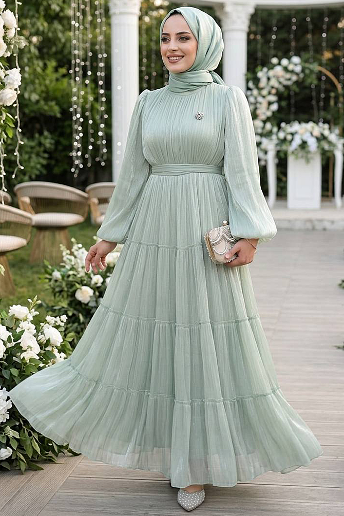 Tesettürlü Abiye Elbise - Kat Piliseli Mint Tesettür Abiye Elbise 52981MINT - 1