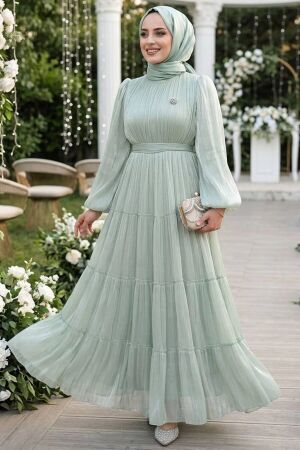 Tesettürlü Abiye Elbise - Kat Piliseli Mint Tesettür Abiye Elbise 52981MINT 