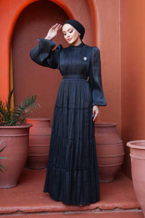 Tesettürlü Abiye Elbise - Kat Piliseli Siyah Tesettür Abiye Elbise 52981S - 2