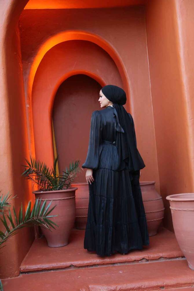 Tesettürlü Abiye Elbise - Kat Piliseli Siyah Tesettür Abiye Elbise 52981S - 4