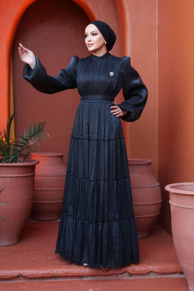 Tesettürlü Abiye Elbise - Kat Piliseli Siyah Tesettür Abiye Elbise 52981S - 3