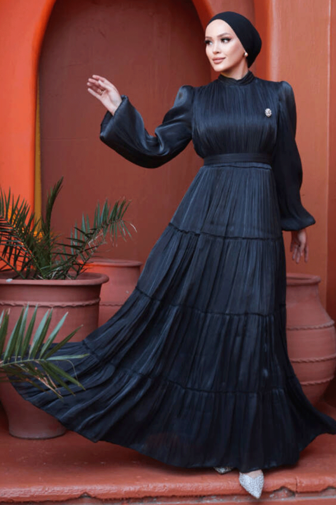 Tesettürlü Abiye Elbise - Kat Piliseli Siyah Tesettür Abiye Elbise 52981S - 1