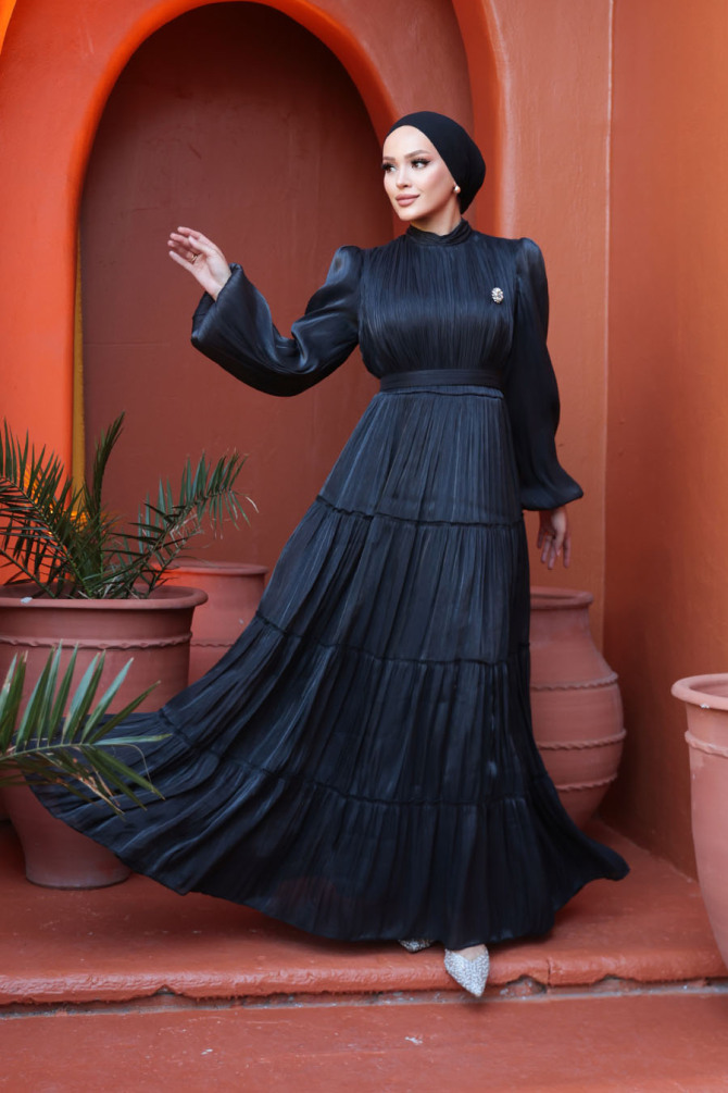 Tesettürlü Abiye Elbise - Kat Piliseli Siyah Tesettür Abiye Elbise 52981S - N.S NEVA STYLE