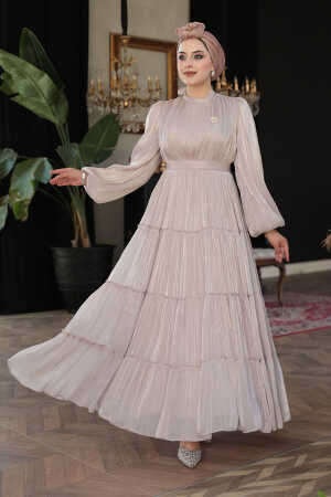 Tesettürlü Abiye Elbise - Kat Piliseli Vizon Tesettür Abiye Elbise 52981V 