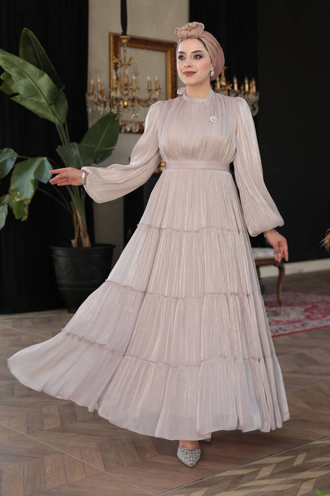 Tesettürlü Abiye Elbise - Kat Piliseli Vizon Tesettür Abiye Elbise 52981V - 1