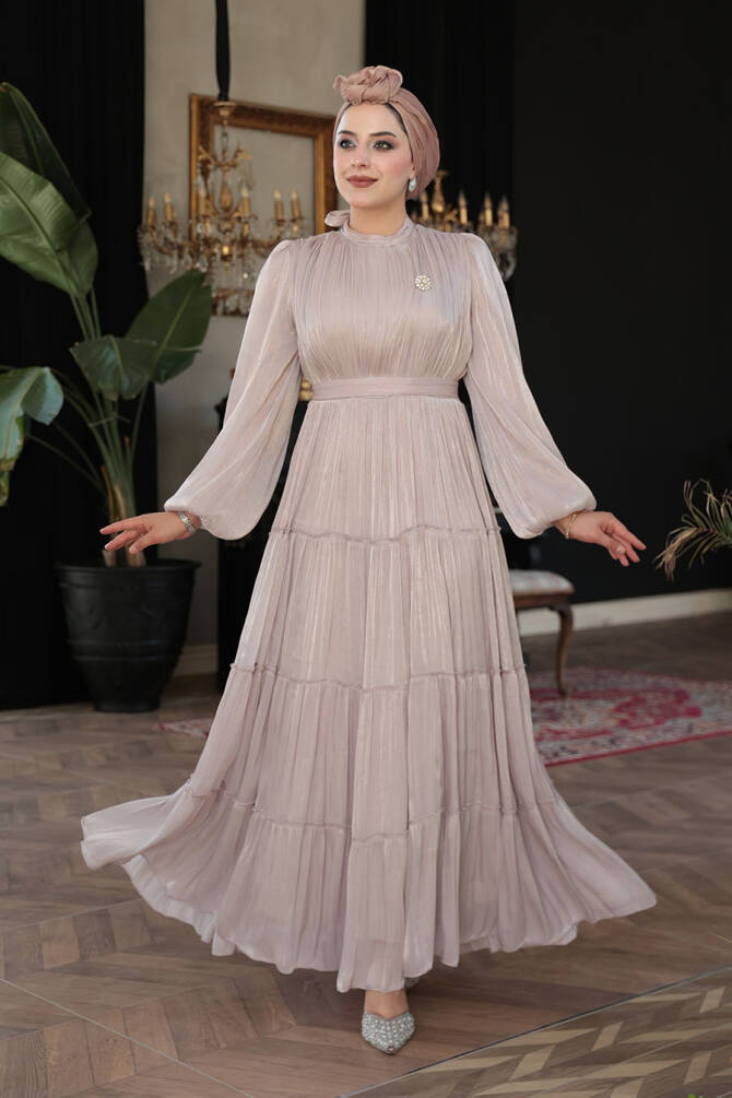 Tesettürlü Abiye Elbise - Kat Piliseli Vizon Tesettür Abiye Elbise 52981V - 2