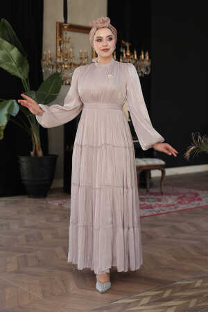 Tesettürlü Abiye Elbise - Kat Piliseli Vizon Tesettür Abiye Elbise 52981V - 3