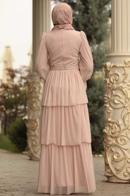 Tesettürlü Abiye Elbise - Kemer Detaylı Pudra Tesettür Abiye Elbise 40191PD - Thumbnail
