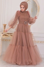 Tesettürlü Abiye Elbise - Kemer Detaylı Vizon Tesettür Abiye Elbise 40350V - Thumbnail