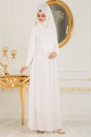 Tesettürlü Abiye Elbise - Kemerli Beyaz Tesettür Abiye Elbise 40370B - Thumbnail