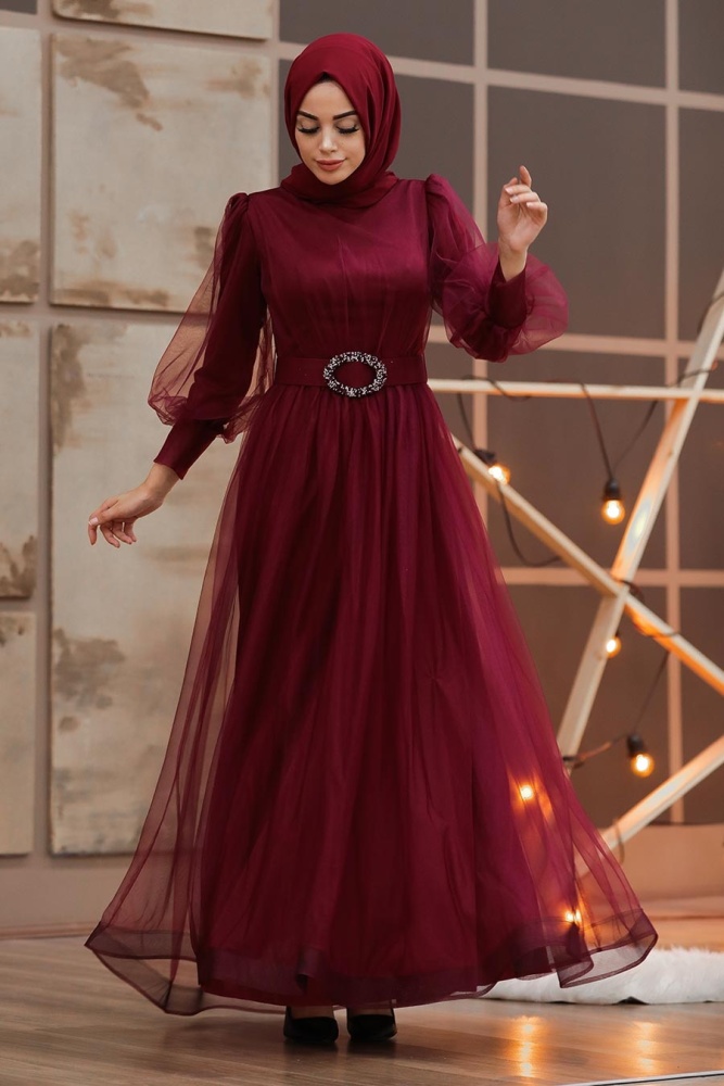 Tesettürlü Abiye Elbise - Kemerli Bordo Tesettür Abiye Elbise 40881BR - 1