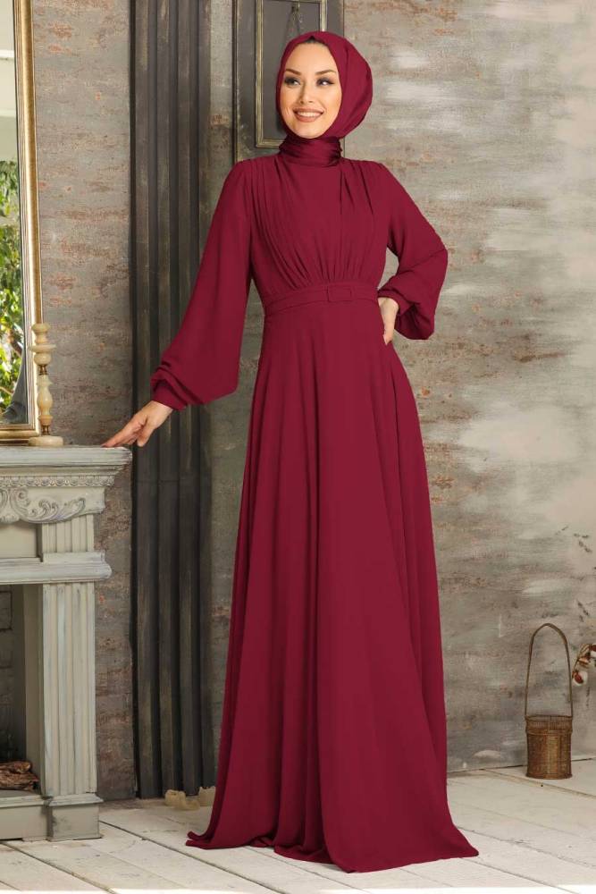 Tesettürlü Abiye Elbise - Kemerli Bordo Tesettür Abiye Elbise 5422BR - 1