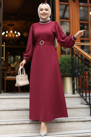 Tesettürlü Abiye Elbise - Kemerli Bordo Tesettür Scuba Krep Abiye Elbise 30031BR - 1
