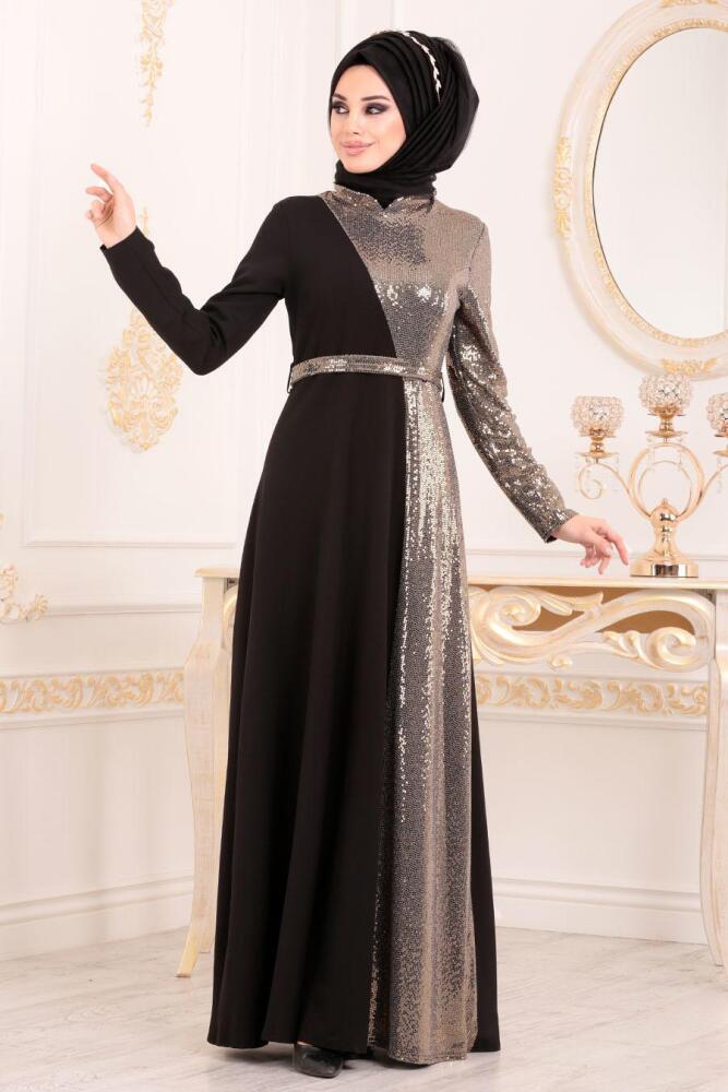 Tesettürlü Abiye Elbise - Kemerli Gold Tesettür Abiye Elbise 1234GOLD - 3