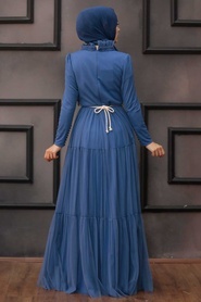 Tesettürlü Abiye Elbise - Kemerli İndigo Mavisi Tesettür Abiye Elbise 4102IM - Thumbnail