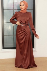 Tesettürlü Abiye Elbise - Kemerli Kahverengi Saten Tesettür Abiye Elbise 3606KH - Thumbnail