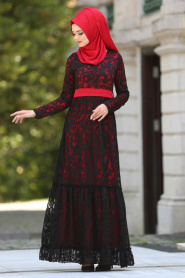 Tesettürlü Abiye Elbise - Kemerli Kırmızı Tesettür Abiye Elbise 7790K - Thumbnail
