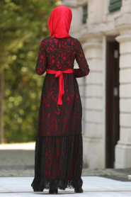 Tesettürlü Abiye Elbise - Kemerli Kırmızı Tesettür Abiye Elbise 7790K - Thumbnail