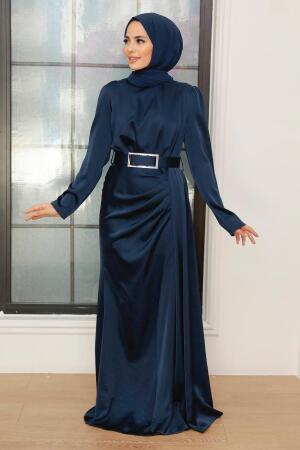 Tesettürlü Abiye Elbise - Kemerli Lacivert Saten Tesettür Abiye Elbise 3606L - 2