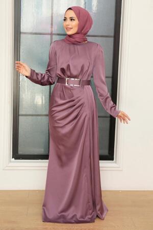 Tesettürlü Abiye Elbise - Kemerli Lila Saten Tesettür Abiye Elbise 3606LILA - 3
