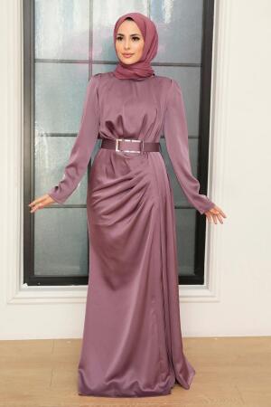 Tesettürlü Abiye Elbise - Kemerli Lila Saten Tesettür Abiye Elbise 3606LILA - 2
