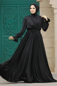 Tesettürlü Abiye Elbise - Kemerli Siyah Tesettür Saten Abiye Elbise 39192S - Thumbnail