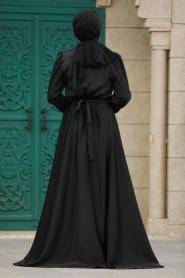 Tesettürlü Abiye Elbise - Kemerli Siyah Tesettür Saten Abiye Elbise 39192S - Thumbnail