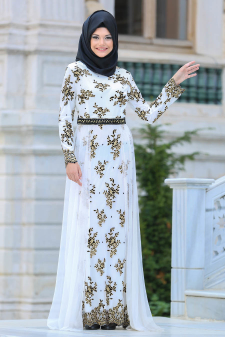 Tesettürlü Abiye Elbise - Kemerli Tül Detaylı Beyaz Tesettür Abiye Elbise 6370B