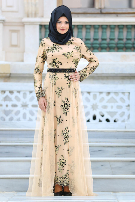 Tesettürlü Abiye Elbise - Kemerli Tül Detaylı Gold Tesettür Abiye Elbise 6370GOLD