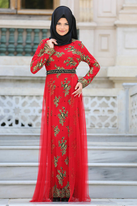Tesettürlü Abiye Elbise - Kemerli Tül Detaylı Kırmızı Tesettür Abiye Elbise 6370K