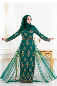 Tesettürlü Abiye Elbise - Kemerli Tül Detaylı Yeşil Tesettür Abiye Elbise 6370Y - Thumbnail