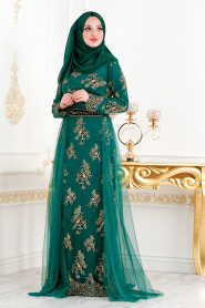 Tesettürlü Abiye Elbise - Kemerli Tül Detaylı Yeşil Tesettür Abiye Elbise 6370Y - Thumbnail