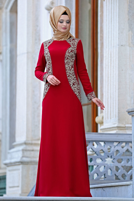 Tesettürlü Abiye Elbise - Kırmızı Abiye Elbise 2151K