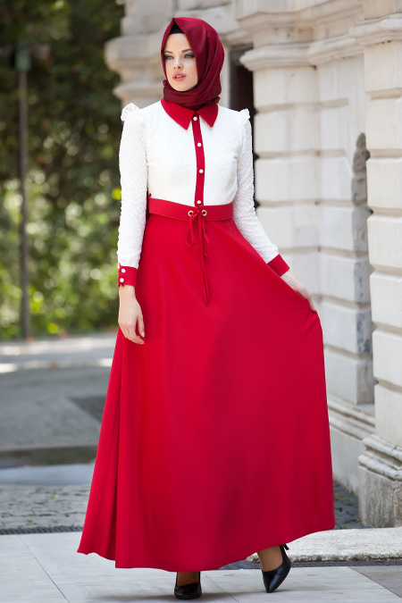 Tesettürlü Abiye Elbise - Kırmızı Elbise