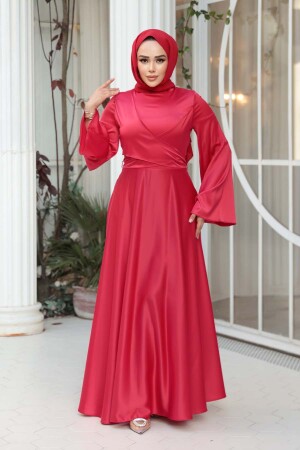 Tesettürlü Abiye Elbise - Kırmızı Saten Tesettür Abiye Elbise 6157K - 3