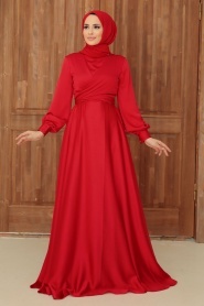 Tesettürlü Abiye Elbise - Kırmızı Tesettür Saten Abiye Elbise 33871K - Thumbnail