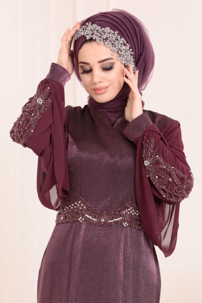 Tesettürlü Abiye Elbise - Kolları Boncuk Detaylı Mürdüm Tesettür Abiye Elbise 4575MU - 2