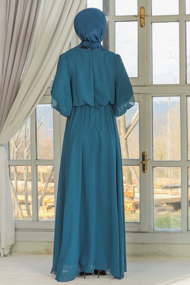 Tesettürlü Abiye Elbise - Kolları Dantelli İndigo Mavisi Tesettür Abiye Elbise 54030IM - 4