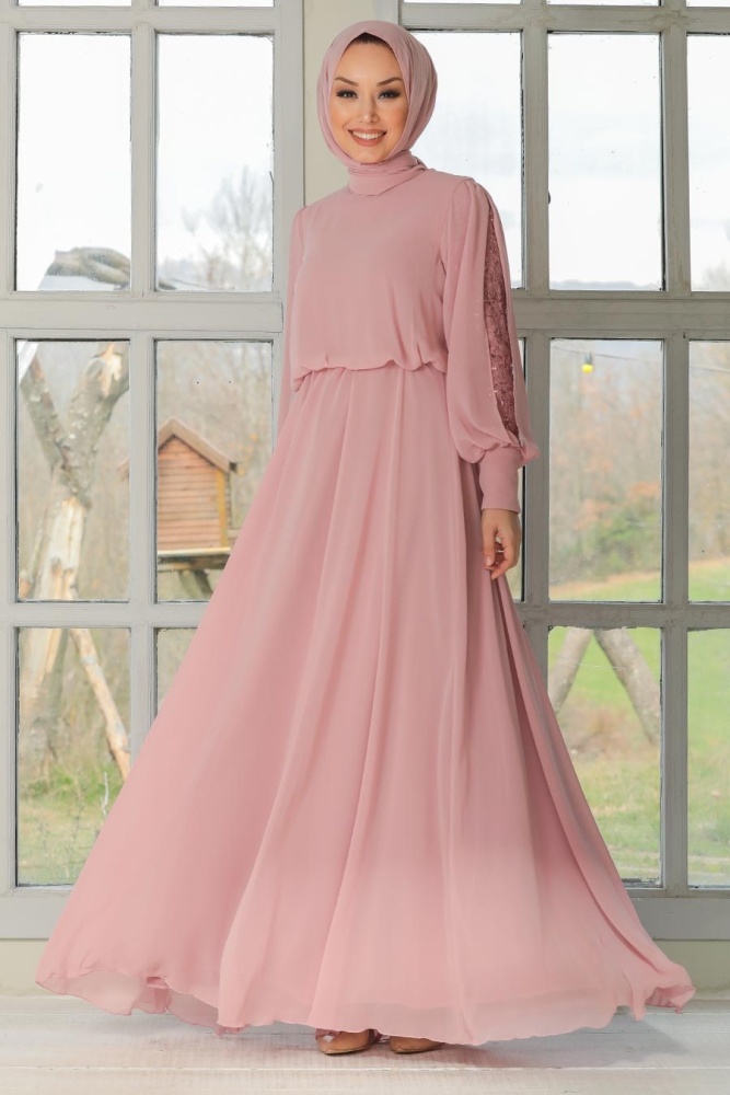Tesettürlü Abiye Elbise - Kolları Dantelli Pudra Tesettür Abiye Elbise 54030PD - 1
