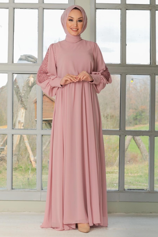 Tesettürlü Abiye Elbise - Kolları Dantelli Pudra Tesettür Abiye Elbise 54030PD - 2