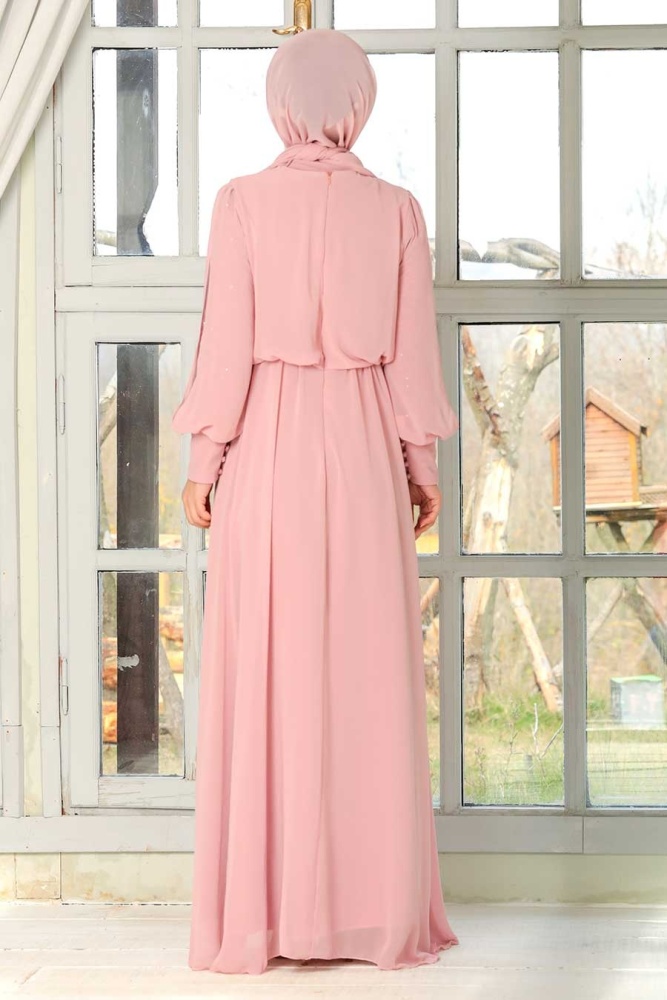 Tesettürlü Abiye Elbise - Kolları Dantelli Pudra Tesettür Abiye Elbise 54030PD - 3