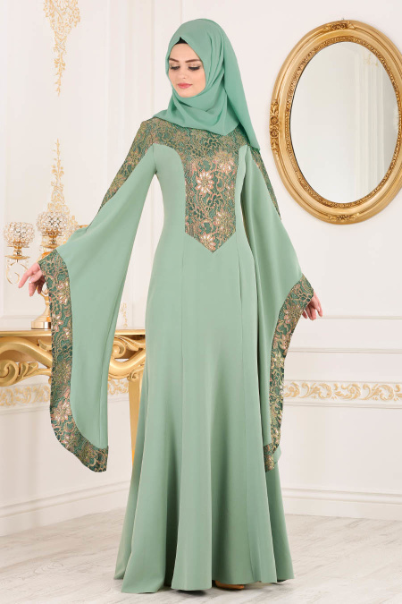 Tesettürlü Abiye Elbise - Kolları Detaylı Çağla Yeşili Tesettür Abiye Elbise 4020CY