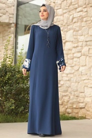 Tesettürlü Abiye Elbise - Kolları Detaylı Lacivert Tesettür Abiye Elbise 38960L - Thumbnail