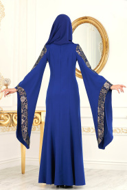 Tesettürlü Abiye Elbise - Kolları Detaylı Sax Mavisi Tesettür Abiye Elbise 4020SX - Thumbnail
